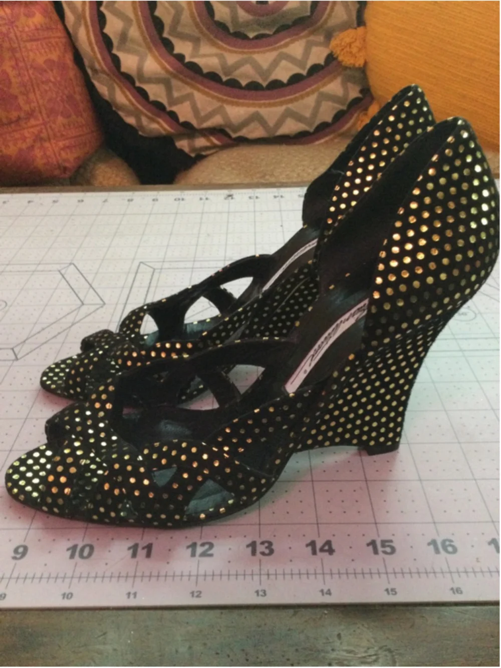Women's Brian Atwood Black Gold Polka Dot Wedge Heels Size 8.5